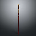 Ornate Red Staff Weapon With Golden Decorative Top And Polished Shaft