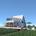 Modern Pavilion Triangular Roof White Exterior Green Grass Field Balcony Terrace Green Umbrellas Small Trees