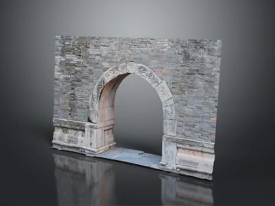 Ancient Stone Archway With Gray Brick Walls And Carvings In Scenic Landscape 3d model
