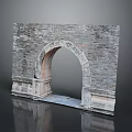 Ancient Stone Archway With Gray Brick Walls And Carvings In Scenic Landscape