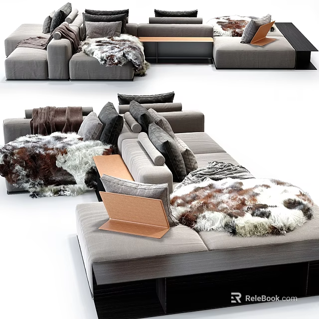 Modern Gray Two Seater Sofa With Plush Pillows And Soft Fur Throws 3d model