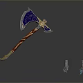 Ornate Blue Axe with Red Handle and Gold Decorative Details and Small Accessories