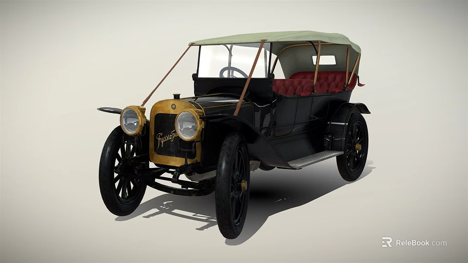 Vintage Classic Car With Soft Top Red Seats And Gold Front Grille 3d model 