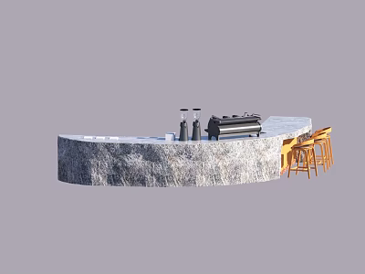 Modern Stone Curved Bar Counter With Yellow High Stools And Bottles On Top 3d model