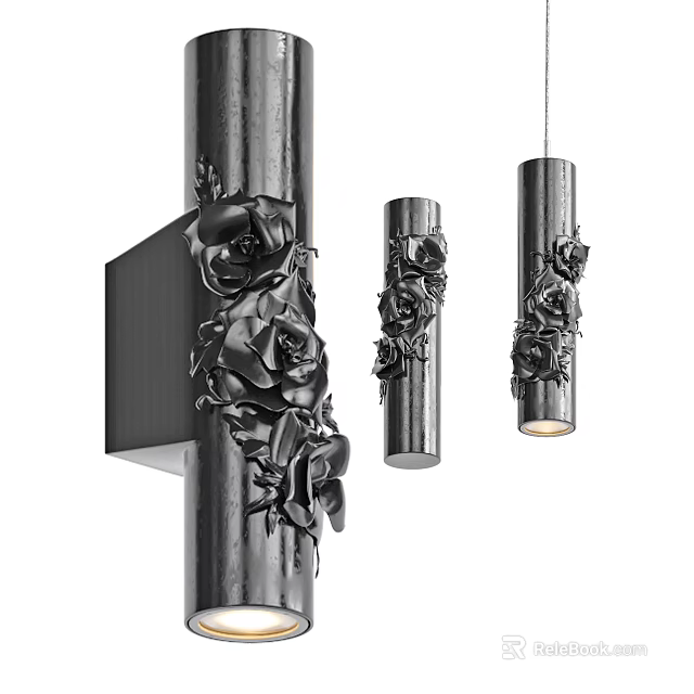 Elegant Modern Pendant Lights With Intricate Rose Carvings And Metallic Cylindrical Design 3d model 