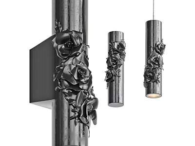 Elegant Modern Pendant Lights With Intricate Rose Carvings And Metallic Cylindrical Design 3d model