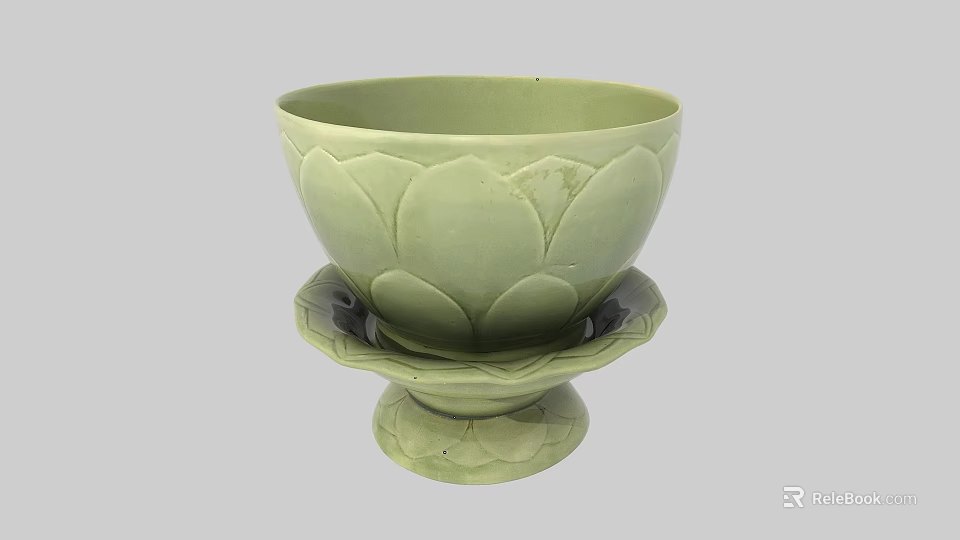 Elegant Green Lotus Shaped Ceramic Bowl With Intricate Decorative Stand 3d model 