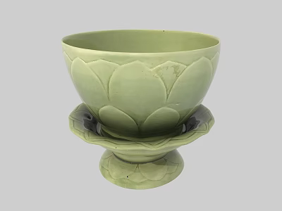 Elegant Green Lotus Shaped Ceramic Bowl With Intricate Decorative Stand 3d model