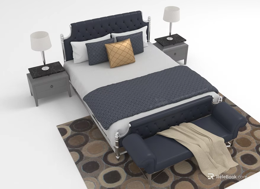 Double Bed With Upholstered Headboard Two Nightstands Table Lamps Bed Bench Blanket Circular Pattern Rug 3d model 