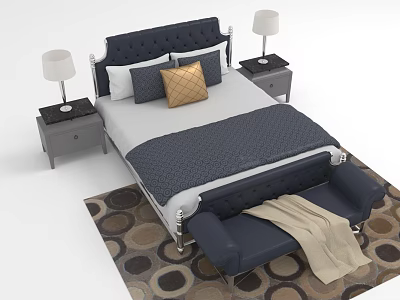 Double Bed With Upholstered Headboard Two Nightstands Table Lamps Bed Bench Blanket Circular Pattern Rug 3d model