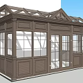Wooden Porch Structure With Glass Windows Central Double Doors And Triangular Roof Rafters