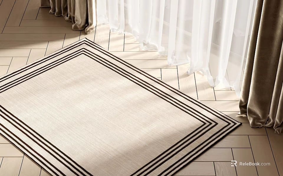 Beige Square Rug With Black Border On Wooden Floor Under Sunlight And Curtains 3d model 