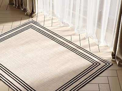Beige Square Rug With Black Border On Wooden Floor Under Sunlight And Curtains 3d model