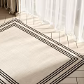 Beige Square Rug With Black Border On Wooden Floor Under Sunlight And Curtains