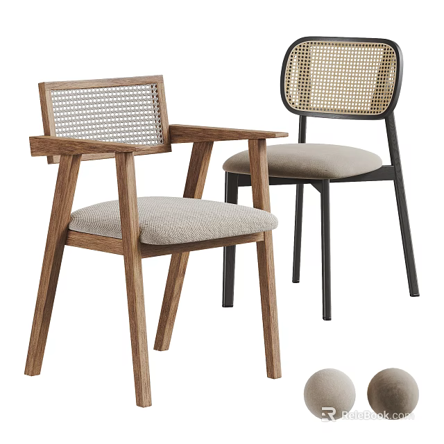 Wooden And Black Metal Frame Dining Chairs With Woven Backrest And Light Colored Seat Cushion 3d model 
