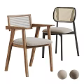 Wooden And Black Metal Frame Dining Chairs With Woven Backrest And Light Colored Seat Cushion