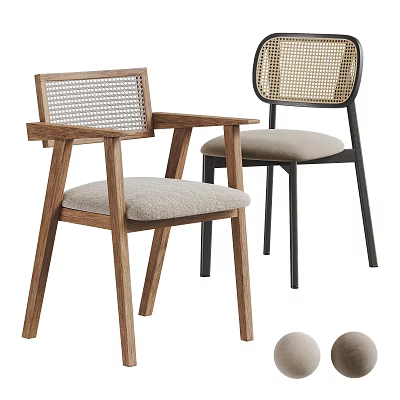 Wooden And Black Metal Frame Dining Chairs With Woven Backrest And Light Colored Seat Cushion 3d model