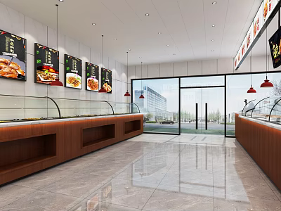 Bright Buffet Restaurant Interior With Glass Display Cases Menu Screens Marble Floors And Large Windows 3d model