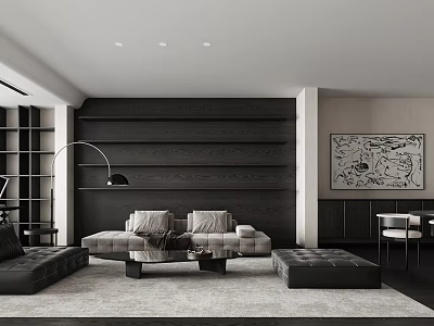 Modern Living Dining Room Interior With Dark Paneled Walls Sofa Coffee Table And Abstract Art 3d model