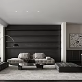Modern Living Dining Room Interior With Dark Paneled Walls Sofa Coffee Table And Abstract Art