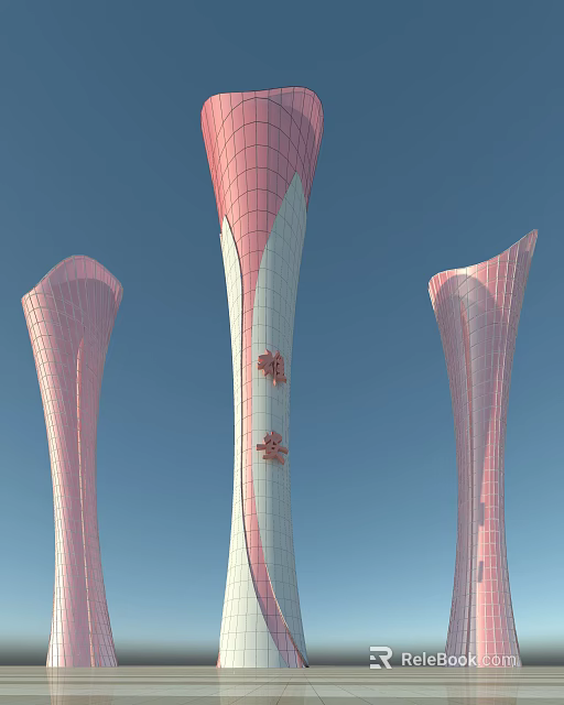 Modern Pink And White Streamlined Towers With Glass Facade And Decorative Patterns Against Blue Sky 3d model 