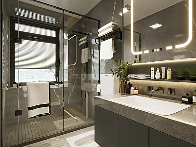 Modern Bathroom Interior With Glass Shower Marble Countertop Mirror And Green Plants 3d model