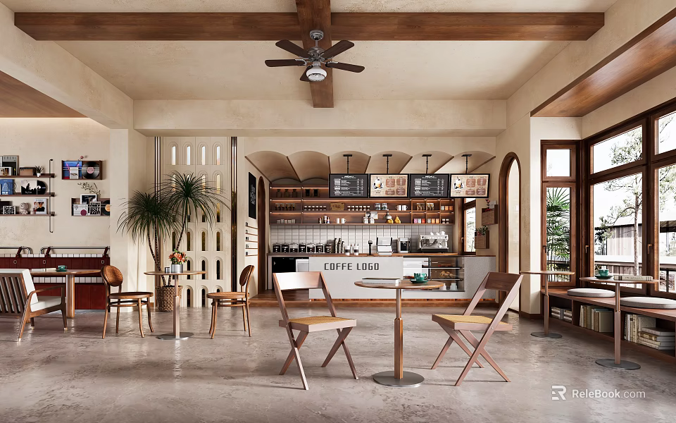 Cozy Cafe Interior Featuring Wooden Beams Ceiling Fan Open Bar Counter Tables Chairs Potted Plants 3d model 