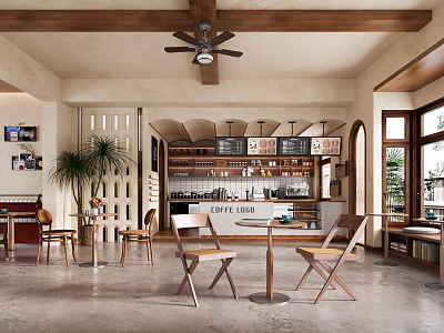 Cozy Cafe Interior Featuring Wooden Beams Ceiling Fan Open Bar Counter Tables Chairs Potted Plants 3d model