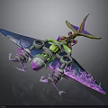 Futuristic Cosmic Spacecraft With Glowing Green Engine Blue Purple Wings And Biomechanical Design