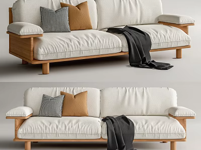 Modern White Fabric Two Seater Sofa With Gray Checkered Brown Pillows And Black Throw Blanket 3d model