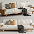 Modern White Fabric Two Seater Sofa With Gray Checkered Brown Pillows And Black Throw Blanket