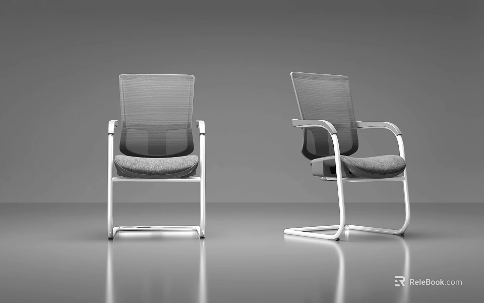 Two Modern Office Chairs With Mesh Back Armrests And Metal Frame Design 3d model 