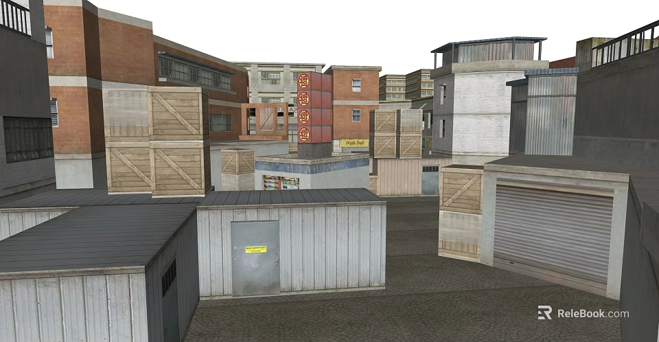 Urban Storage Area With Red Brick Buildings Metal Sheds Containers And Sign 3d model 