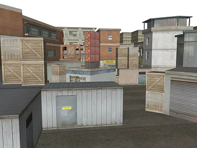 Urban Storage Area With Red Brick Buildings Metal Sheds Containers And Sign 3d model