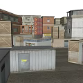 Urban Storage Area With Red Brick Buildings Metal Sheds Containers And Sign