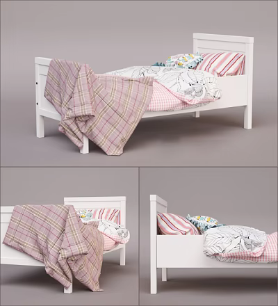 Single Bed with White Frame Pink Plaid Blanket Patterned Bed Sheets and Striped Pillowcases 3d model