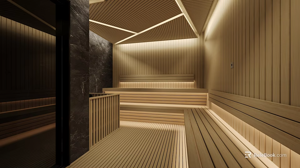 Modern SPA Sauna With Wooden Interior And Lighting 3d model