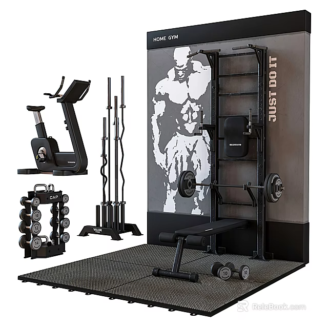 Complete Home Gym Fitness Equipment Set With Exercise Bike Barbells Dumbbells Squat Rack 3d model 