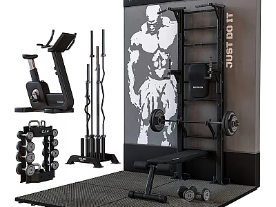 Complete Home Gym Fitness Equipment Set With Exercise Bike Barbells Dumbbells Squat Rack 3d model