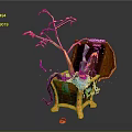 Open Wooden Treasure Chest Featuring Tree Branch Red Berries Little Bird Colorful Items and Coins