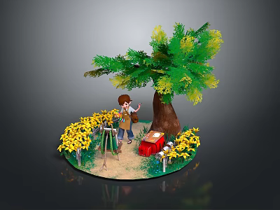 Cartoon Scene of Boy Painting with Easel Near Sunflowers Big Tree and Red Box 3d model