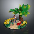 Cartoon Scene of Boy Painting with Easel Near Sunflowers Big Tree and Red Box