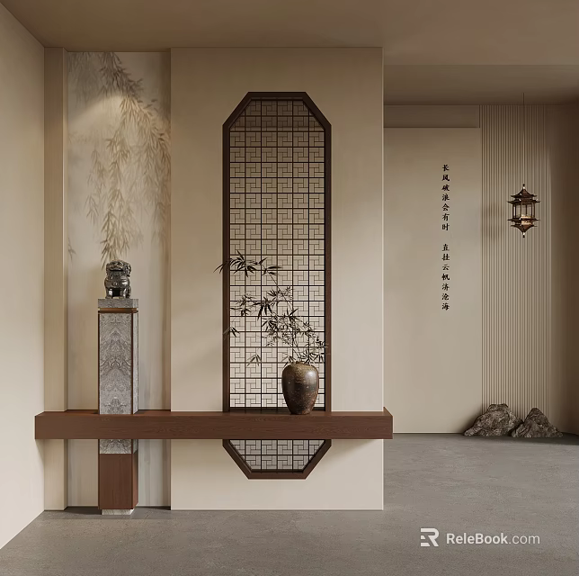 Chinese Traditional Interior Decor With Wooden Lattice Vase Stone Sculpture Lantern And Calligraphy Scroll 3d model 
