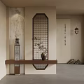 Chinese Traditional Interior Decor With Wooden Lattice Vase Stone Sculpture Lantern And Calligraphy Scroll