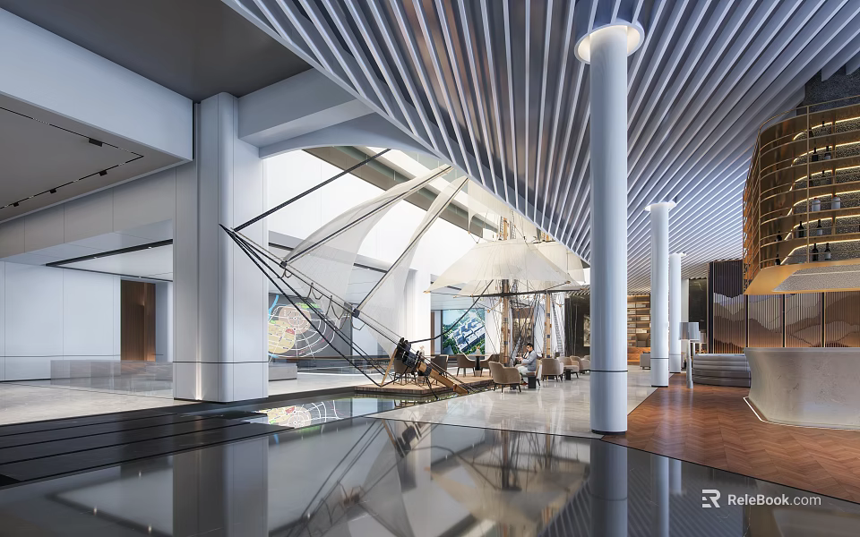 Modern Luxury Sales Office Lobby With Glass Roof Wooden Grilles White Columns And Chandeliers 3d model 