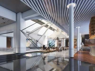 Modern Luxury Sales Office Lobby With Glass Roof Wooden Grilles White Columns And Chandeliers 3d model