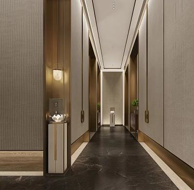 Modern Hotel Corridor Featuring Textured Walls Warm Lighting And Marble Flooring With Potted Plants 3d model