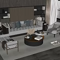 Modern Living Room Sofa Coffee Table Set With Round Table Throw Pillows Bookshelves And Armchair