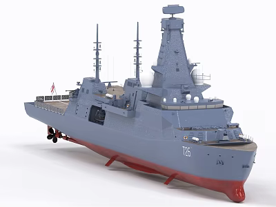 Modern Warship Featuring Tower Superstructure 725 Number Red Bottom Hull and Mast Antennas 3d model