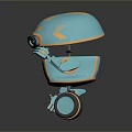 Blue And Orange Robot Character With Mushroom Shaped Helmet Circular Eye Hexagonal Texture And Wheel Base